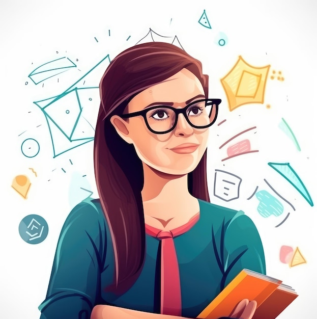 Une caricature d'une femme avec des lunettes et un livre dans ses mains Enseignante bouleversée