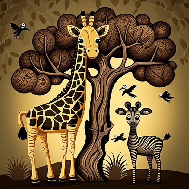 Caricature de fond d'arbre girafe et zèbre