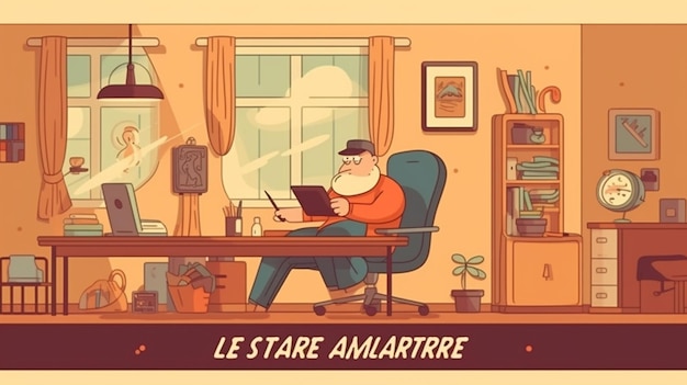 Caricature d'un homme assis à un bureau en train de lire un livre.