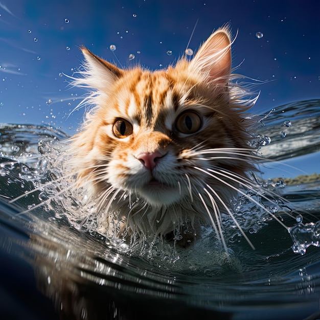 Caricature humoristique de chat nageant sous l'eau Générative Ai