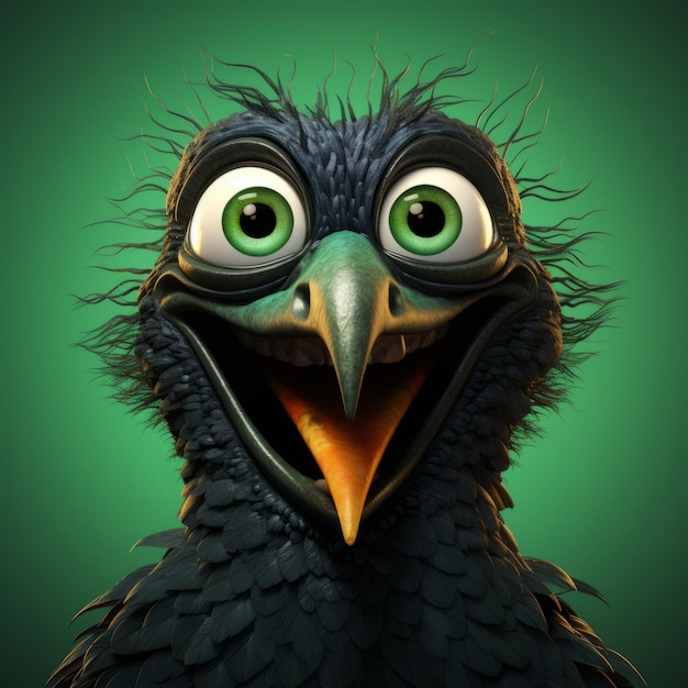 Caricature humoristique d'un oiseau noir aux yeux verts et au gros bec