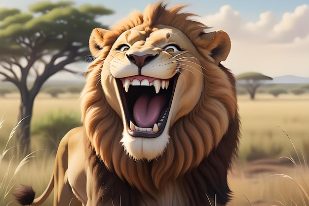 caricature Lion regarde la caméra avec un sourire blanc Plateforme d'intelligence artificielle de terrain de jeu