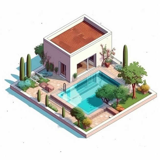 une caricature d’une maison avec piscine et arbres.