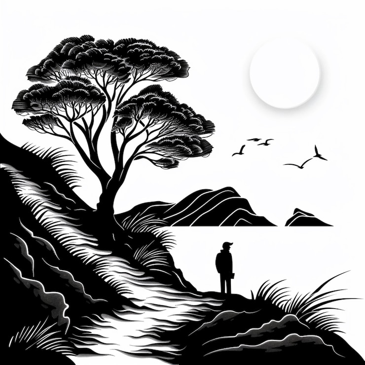 Photo caricature en noir et blanc d'une personne dans l'art de la nature