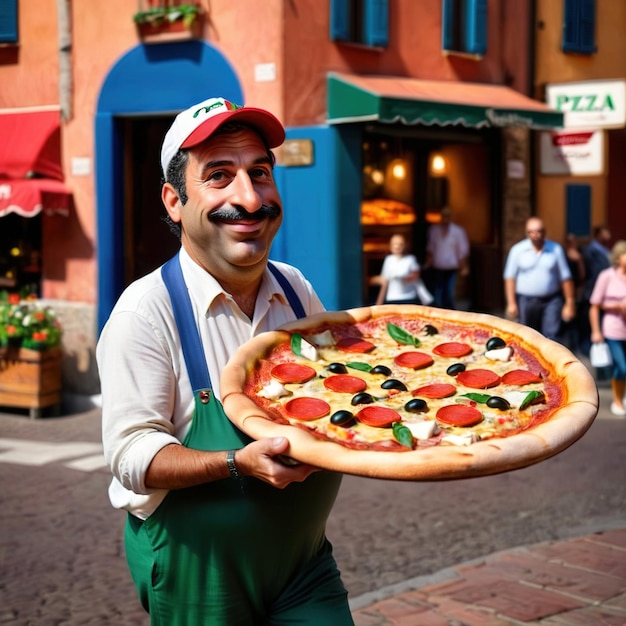 Caricature parodique d'un homme italien portant une pizza