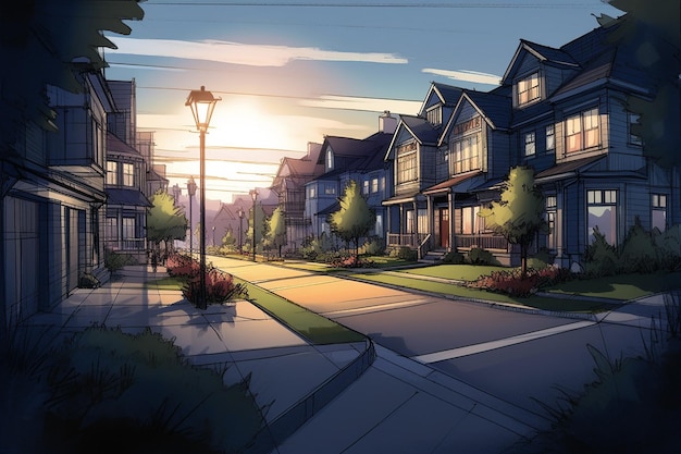 Caricature de quartier avec maisons illuminées