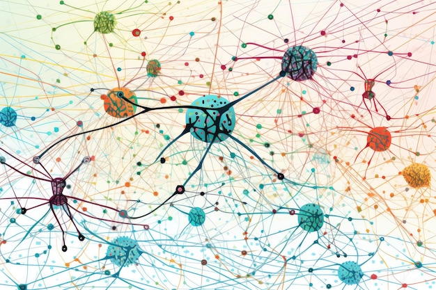 Caricature d'un réseau de neurones avec de nombreuses connexions différentes, chacune unique créée avec une IA générative