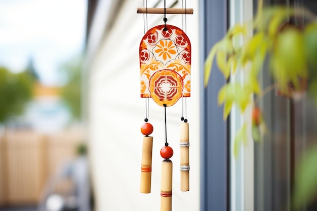 Des carillons de vent avec des motifs orientaux sculptés sur des lames de bambou