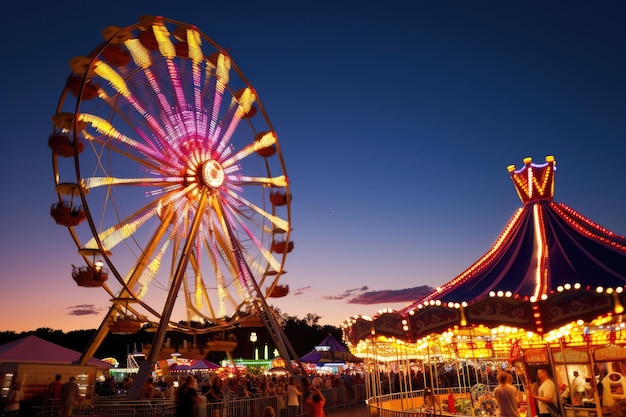 Photo un carnaval animé au crépuscule les lumières de la roue de ferris resplendissantes