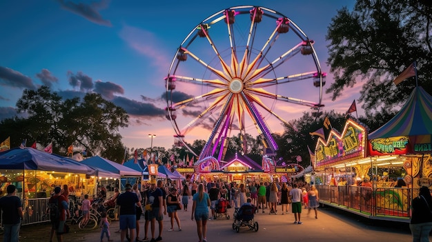 Un carnaval animé au crépuscule Les lumières de la roue de ferris resplendissent