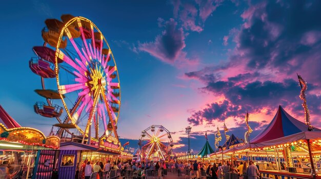 Un carnaval animé au crépuscule Les lumières de la roue de ferris resplendissent