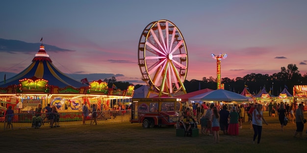 Un carnaval animé au crépuscule Les lumières de la roue de ferris resplendissent