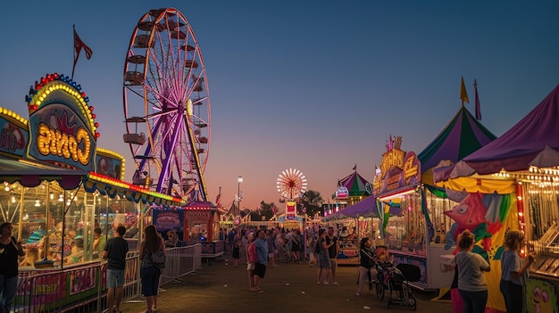 Un carnaval animé au crépuscule Les lumières de la roue de ferris resplendissent