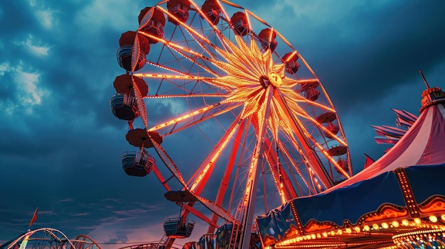 le carnaval au crépuscule avec l'icône de la grande roue illuminée contre le ciel qui s'assombrit