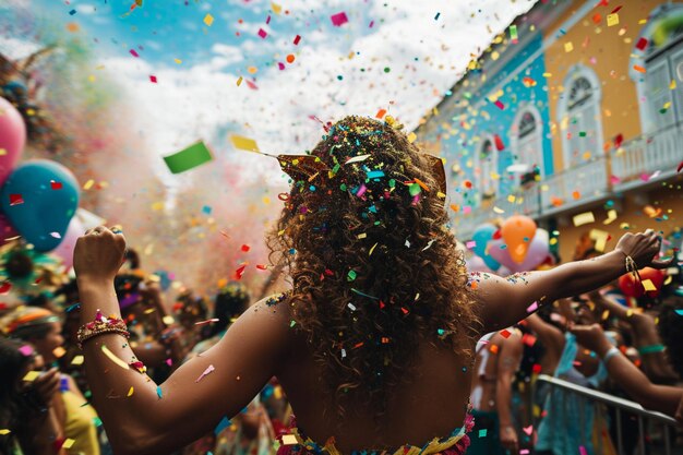 Carnaval brésilien, des gens heureux qui jettent des confettis.