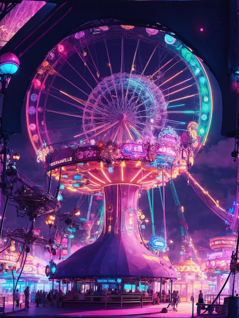 Un carnaval futuriste avec une grande roue éclairée au néon et un carrousel robotique