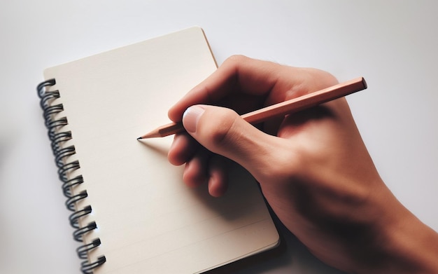 carnet blanc La main qui tient le crayon est sur le point de commencer à écrire dans un carnet Prendre des notes