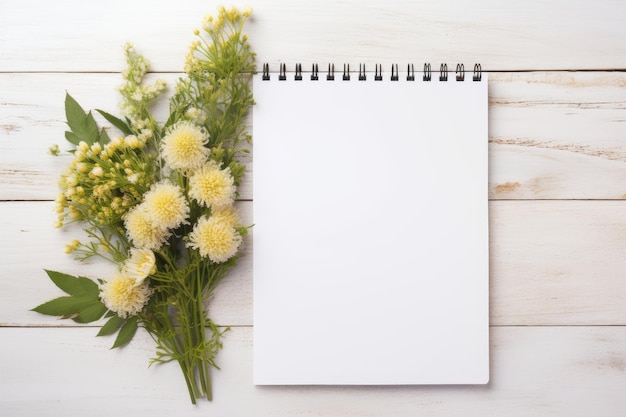 un carnet avec un bouquet de fleurs jaunes sur une table en bois.