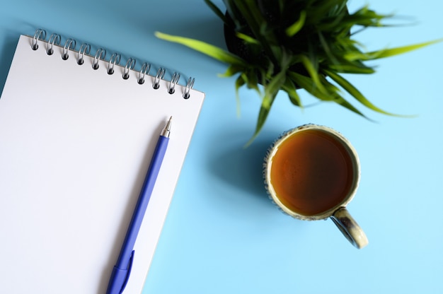 Carnet Ou Carnet De Croquis Et Un Stylo Et Une Tasse De Thé Et Une Plante Verte Sur Fond Bleu