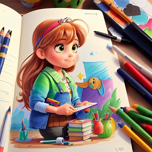 Carnet de croquis et chefs-d'œuvre colorés au crayon, style d'animation 3d