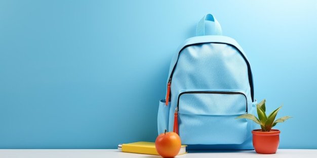 Carnet d'école à dos bleu et pomme sur une table blanche avec un fond bleu sur le mur