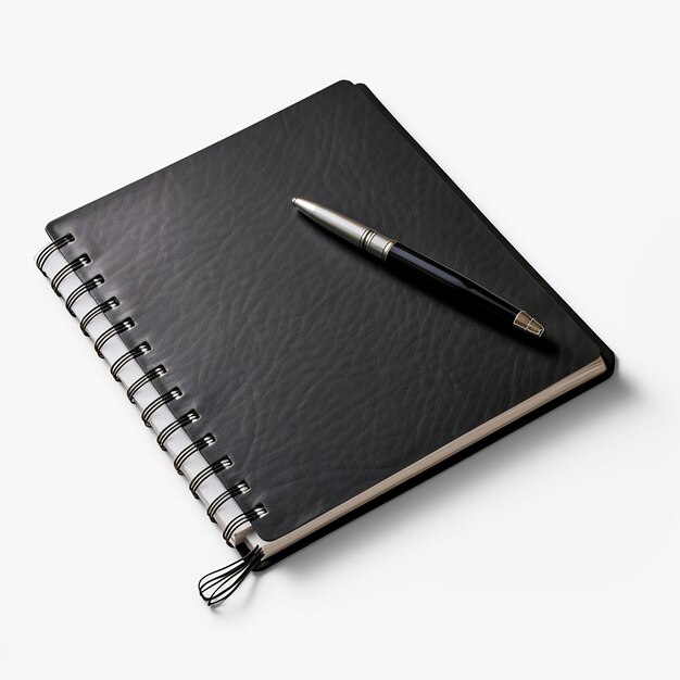 un carnet noir avec un stylo est posé sur une surface blanche