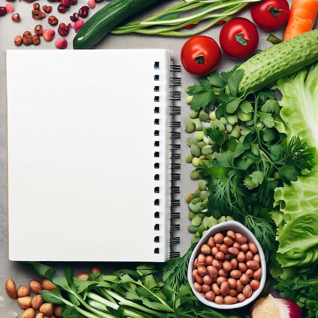 Carnet de notes blanc avec des légumes frais, des herbes, des légumineuses et des noix. Vue supérieure Veggie Cooking Concept