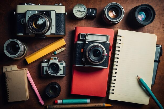 Carnet de notes entre les fournitures diverses et l'appareil photo