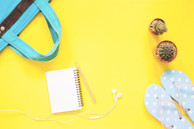 Carnet vide, écouteurs, cactus avec des objets de femme sur fond jaune avec copie