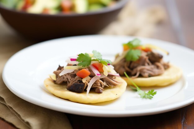 Photo carnitas et arepas farcés de haricots noirs sur une assiette blanche