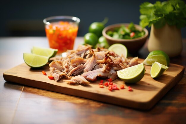 Photo des carnitas fraîchement préparées sur une planche de bois.