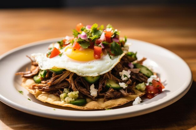 Carnitas savoureux au petit déjeuner Tostadas avec des œufs frits