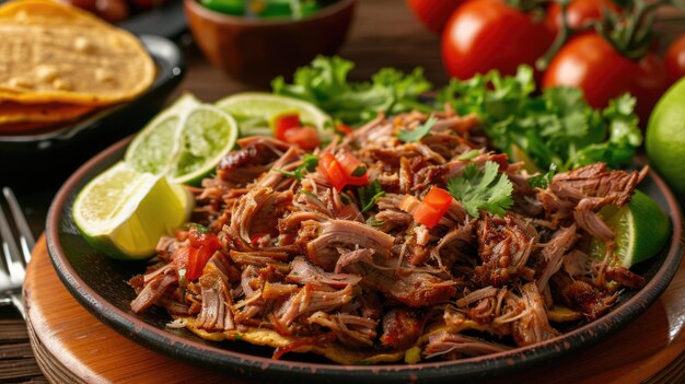 Photo carnitas traditionnelles mexicaines de porc haché dans une casserole chaude