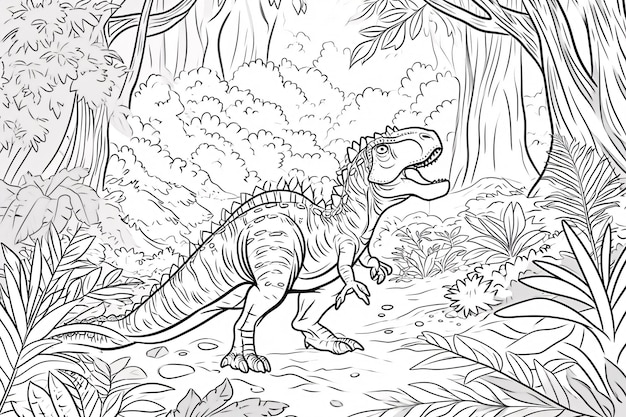 Carnotaurus Dinosaur Noir et blanc Doodles linéaires Art de ligne Page de coloriage Pour les enfants Livre de coloriage