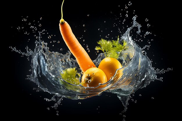 Une carotte orange tombant dans l'eau éclaboussée sur un fond noir