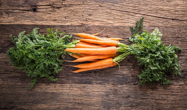 Carottes biologiques fraîches crues sur table rustique en chêne