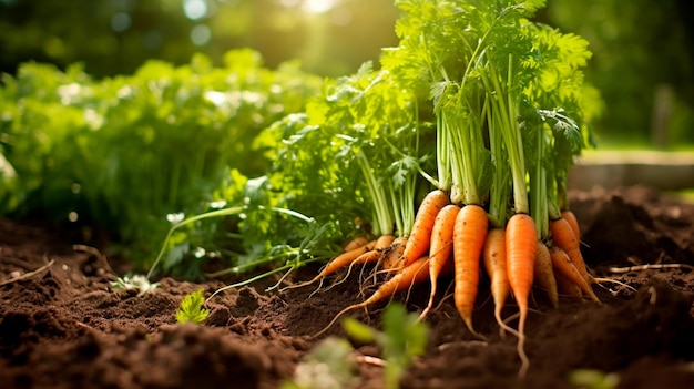 carottes biologiques fraîches dans un bol en bois dans le jardin