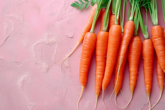 Carottes biologiques fraîches avec un sommet vert sur un fond rose