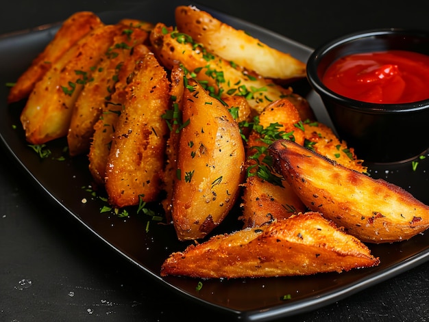 Des carottes avec du ketchup et des herbes sur une assiette noire