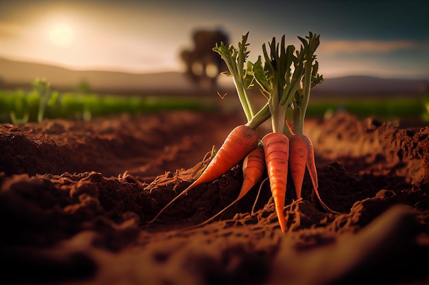 Carottes fraîchement cueillies sur le sol dans un champ d'une ferme agricole et maraîchère conceptgenerative ai