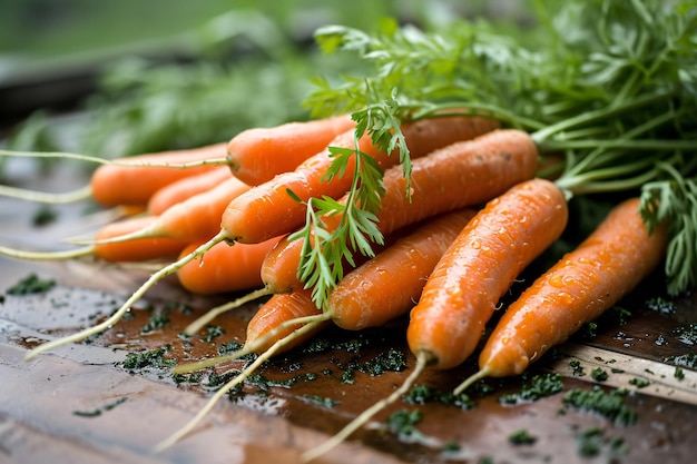 Photo des carottes fraîches avec des feuilles vertes sur une table en bois rustique.