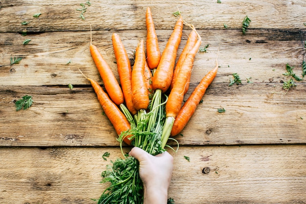 Carottes mûres fraîches avec dessus en bois