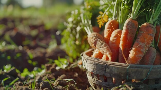 Les carottes récoltées échouent dans des paniers dans le champ.