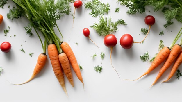 Carottes et tomates sur une surface blanche