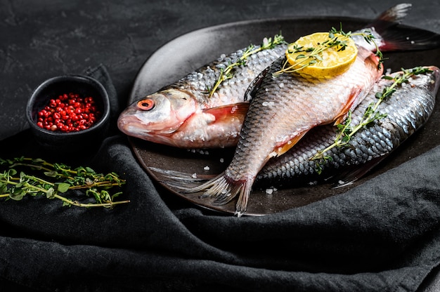 Carpe crue au citron et au thym sur une plaque noire. Poissons biologiques de rivière. Vue de dessus