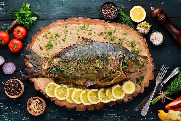 Carpe de poisson au four avec légumes Vue de dessus Espace libre pour votre texte Style rustique