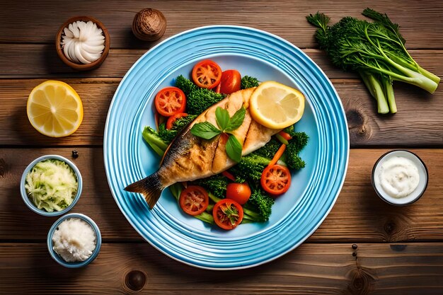 Carpe de poisson frit et salade de légumes frais sur table en bois