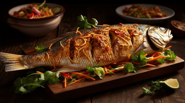 Carpe de poisson frite et salade de légumes frais sur une table en bois poisson et légumes frits sur un bois