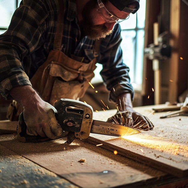 Carpenter coupe du panneau mdf à l'intérieur de l'atelier Ai génératif