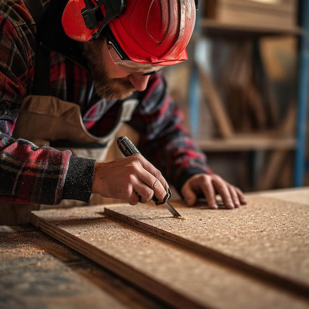 Carpenter coupe du panneau mdf à l'intérieur de l'atelier Ai génératif